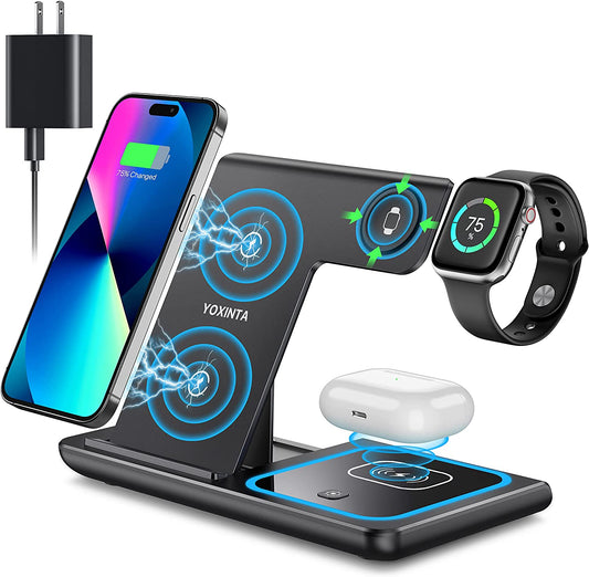 Wireless Charger, 3 in 1 Wireless Charging Station, Fast Wireless Charger Stand for Iphone 14/13/12/11/Pro/Max/Xs/Xr/X/8/Plus, for Apple Watch 8/7/6/5/4/3/2/SE, for Airpods 3/2/Pro(Black)  YOXINTA   