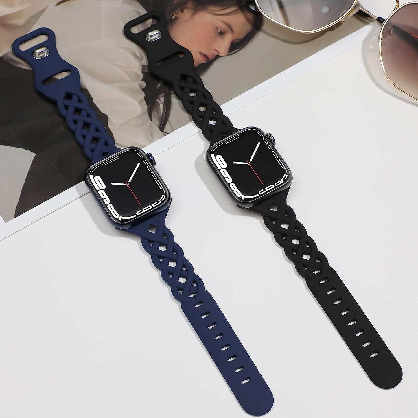 Braided Silicone Bands Compatible with Apple Watch 38Mm 40Mm 41Mm for Women, Slim Thin Narrow Hollow-Out Replacement Strap Cute Wristbands Adjustable for Iwatch Series SE 8/7/6/5/4/3/2/1 Women 2 Pack  Bandiction   