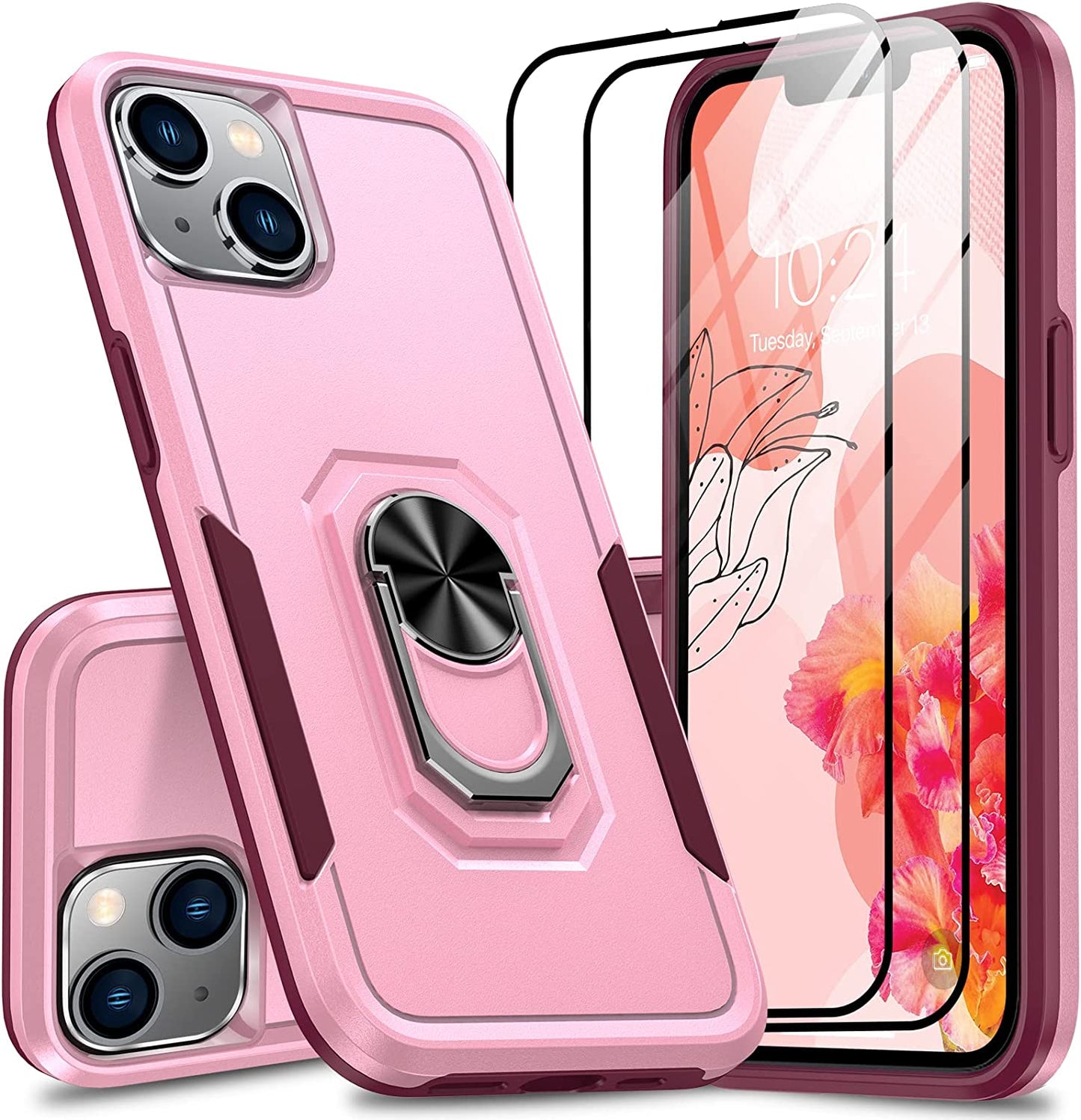 Oterkin for Iphone 14 Pro Case,Iphone 14 Pro Phone Case with [360°Rotatable Stand Ring][2Pcs 9H HD Tempered Glass Screen Protector][10Ft Military Grade Shockproof] Case for Iphone 14 Pro (Blue)  Oterkin Pink Iphone 14 