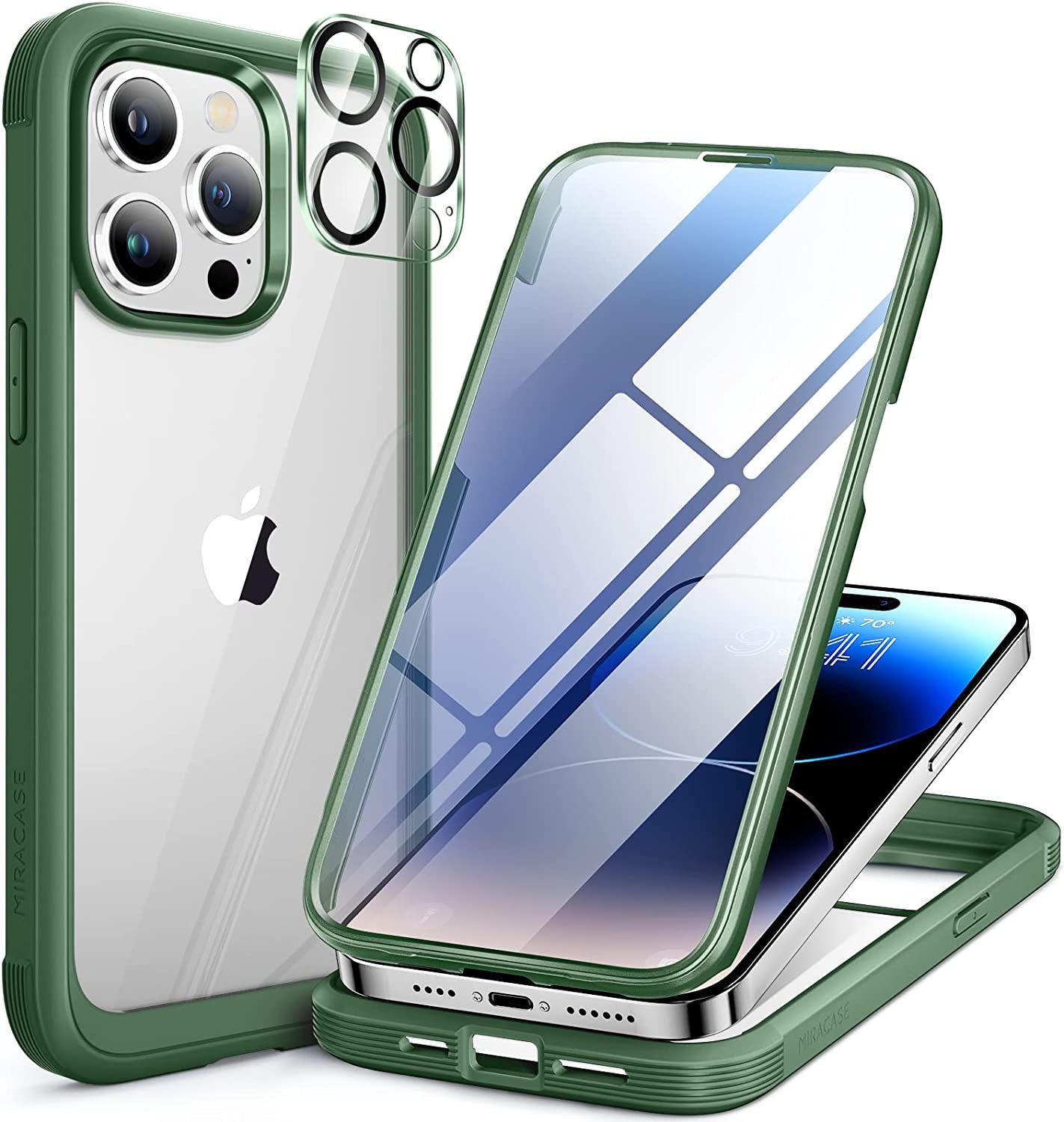Miracase Glass Series Compatible with Iphone 14 Pro Case 6.1 Inch, 2023 Full-Body Clear Bumper Case with Built-In 9H Tempered Glass Screen Protector, with Camera Lens Protector, Black  Miracase Acacia Green  