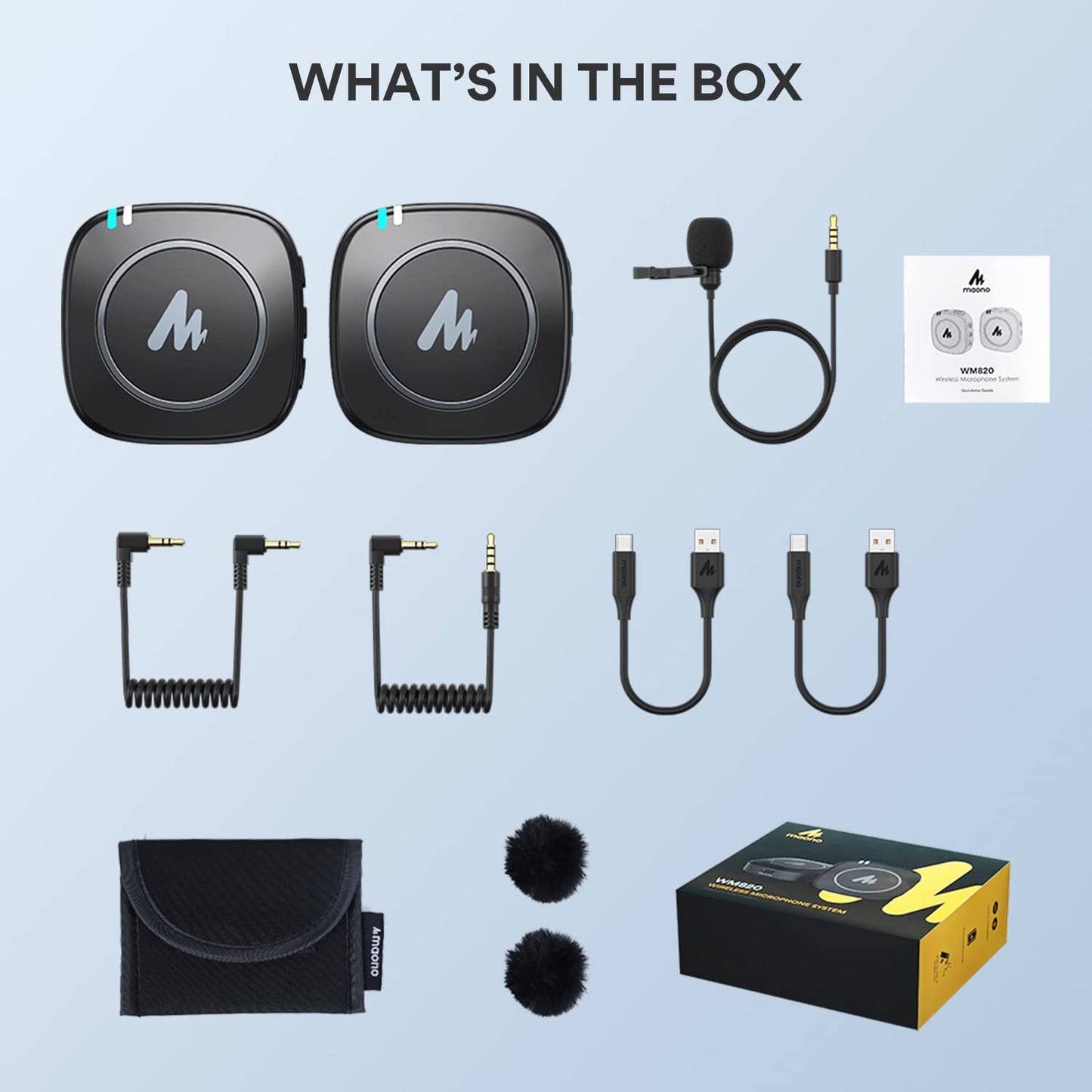 MAONO Compact Wireless Lavalier Microphone, 2.4Ghz Dual Lapel Mics with Real-Time Monitoring, Gain Adjustment and Mute for Interview, Vlogging, Live Streaming, Phone, Camera (WM820 A1)  MAONO   