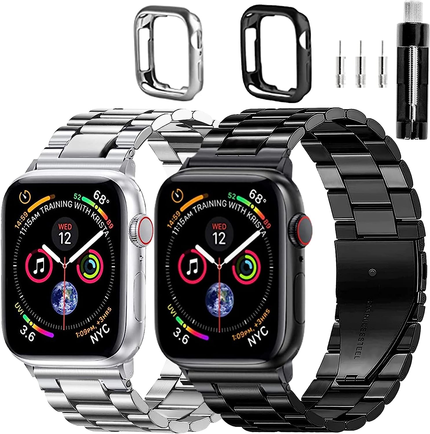 REASDEN Compatible with Apple Watch Band Iwatch Ultra Series 8/7/6/5/4/3/2/1/SE, 38/40/41/42/44/45/49Mm, Solid Stainless Steel Band Metal Business Band Man Women  REASDEN Black&Silver 42/44/45mm 