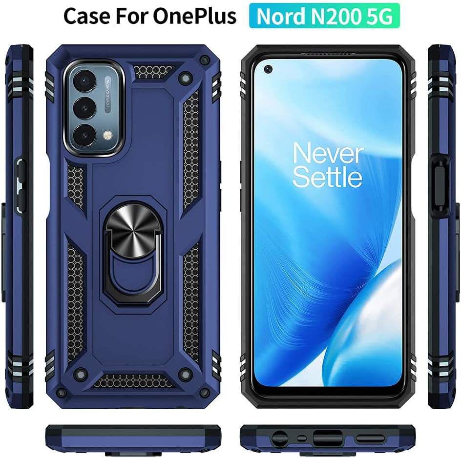 Aozuoton Oneplus Nord N200 5G Case: Military Grade 16Ft Drop Tested, Ring Shockproof Protective Cover with HD Screen Protector, Blue  Yanmen   