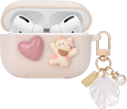 Cute Kawaii Airpod Pro Case with Shell Pearl Keychain Love Heart Cat Design Silicone TPU Cover Compatible with Airpods Pro Case for Women and Girls  Grtcopan   