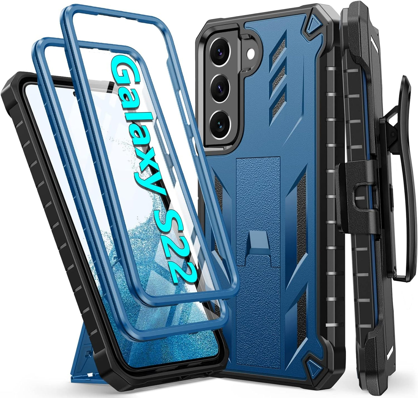 FNTCASE for Samsung Galaxy S22 Protective Case: Military Grade Protection Rugged Anti-Drop Case with Belt-Clip Holster & Kickstand - Full Shockproof Sturdy Durable Bumper Textured Cell Phone Cover  FNTCASE Blue  