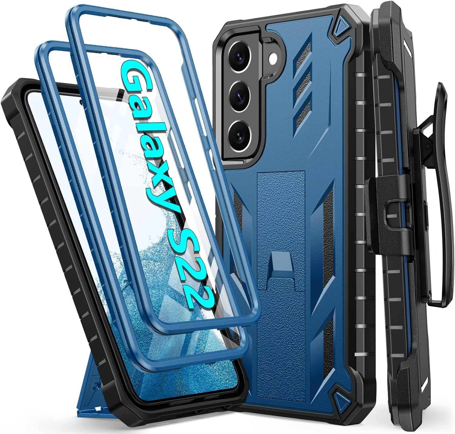 FNTCASE for Samsung Galaxy S22 Protective Case: Military Grade Protection Rugged Anti-Drop Case with Belt-Clip Holster & Kickstand - Full Shockproof Sturdy Durable Bumper Textured Cell Phone Cover  FNTCASE Blue  