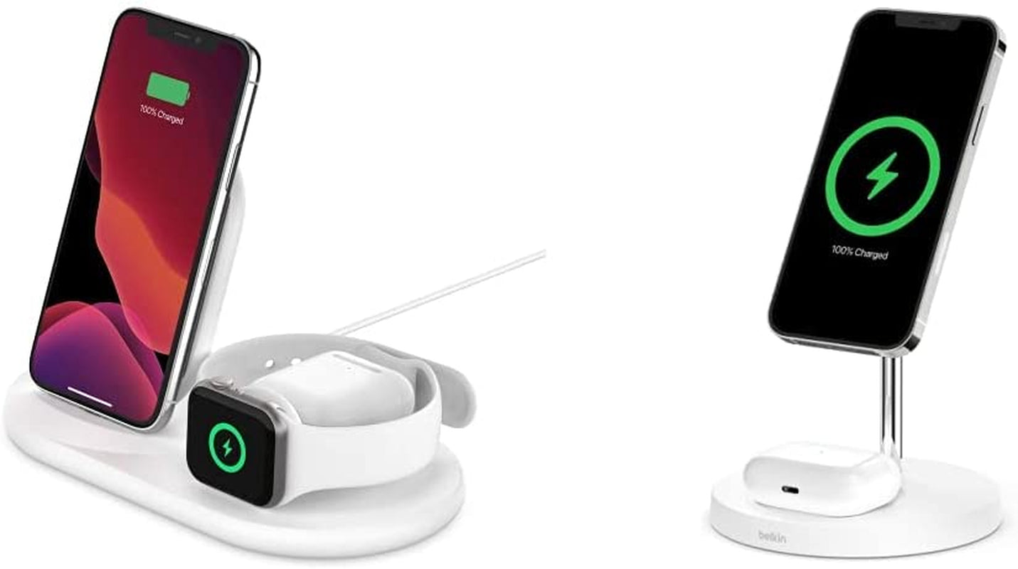 Belkin 3-In-1 Wireless Charger - Fast Wireless Charging Stand for Apple Iphone, Apple Watch & Airpods - Iphone Case Compatible Qi Charger - Wireless Charging Station for Multiple Devices - Black  Belkin White Charger + Stand - White 