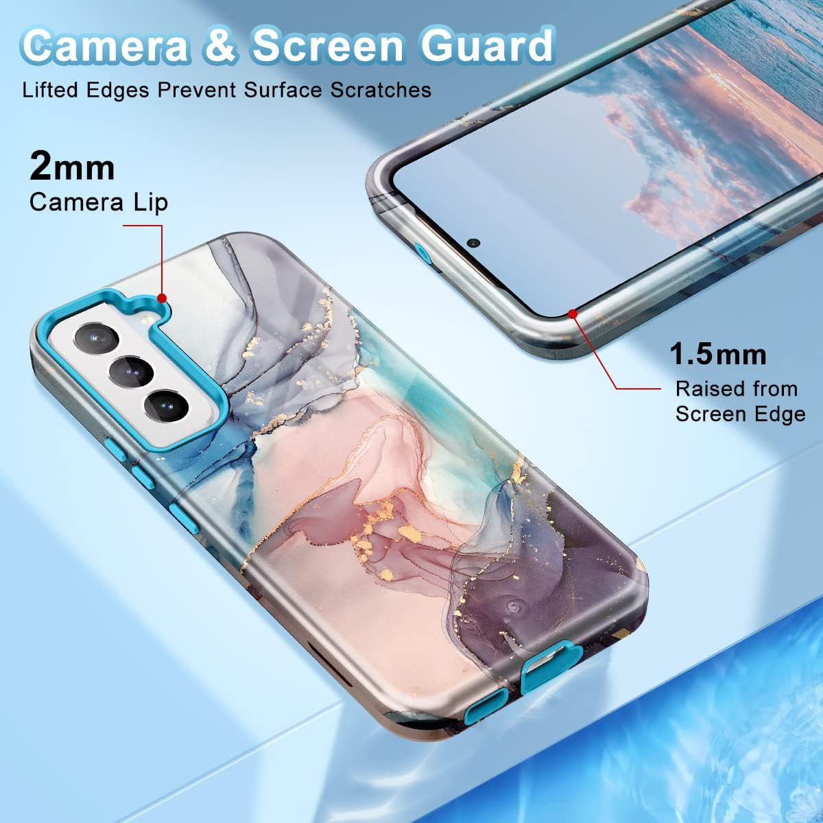 Btscase for Samsung Galaxy S22+/S22 plus 5G Case, Marble Pattern 3 in 1 Heavy Duty Shockproof Full Body Rugged Hard Pc+Soft Silicone Drop Protective Women Girl Covers for S22+/S22 Plus, Blue Gray  Btscase   
