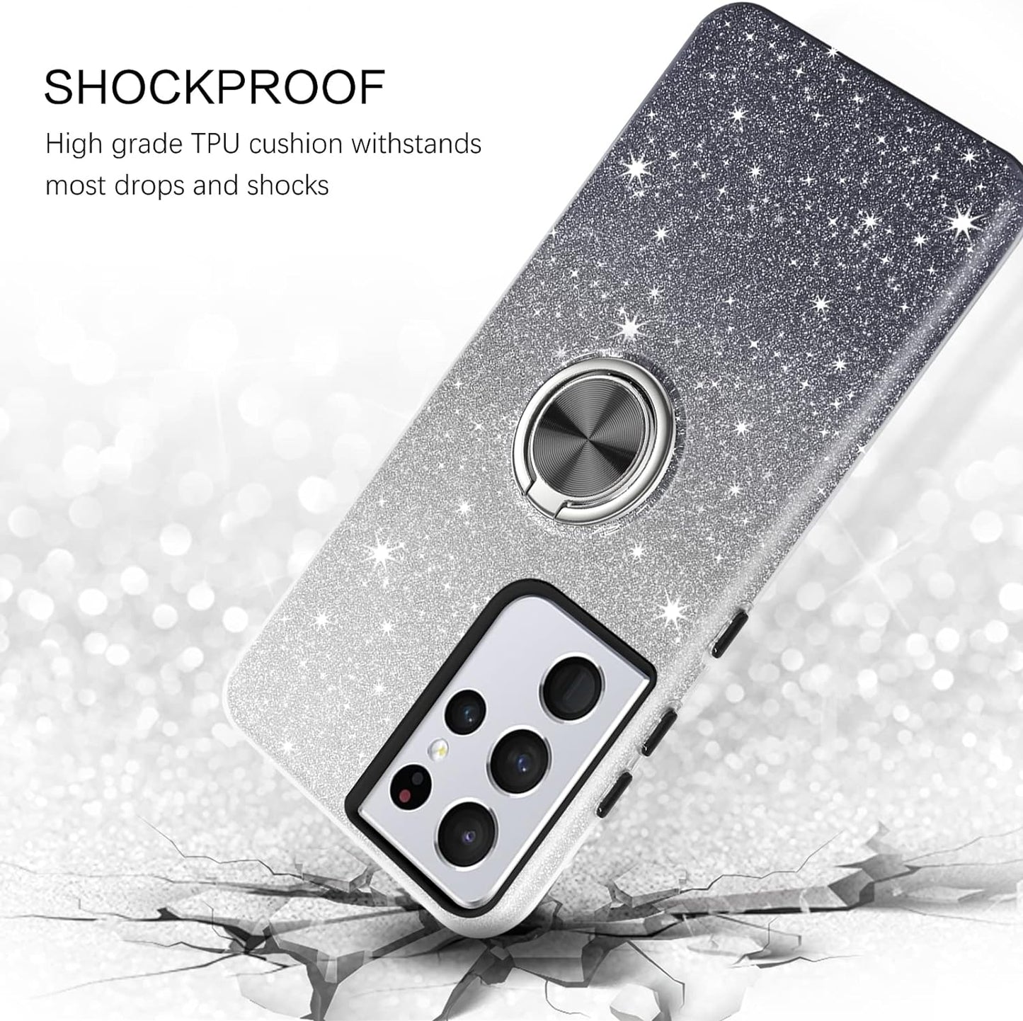 BENTOBEN Compatible with Samsung Galaxy S21 Ultra Case, Slim Fit Glitter Sparkly 360° Ring Holder Kickstand Magnetic Protective Girls Women Cover for Samsung Galaxy S21 Ultra 6.8“, Black  BENTOBEN   