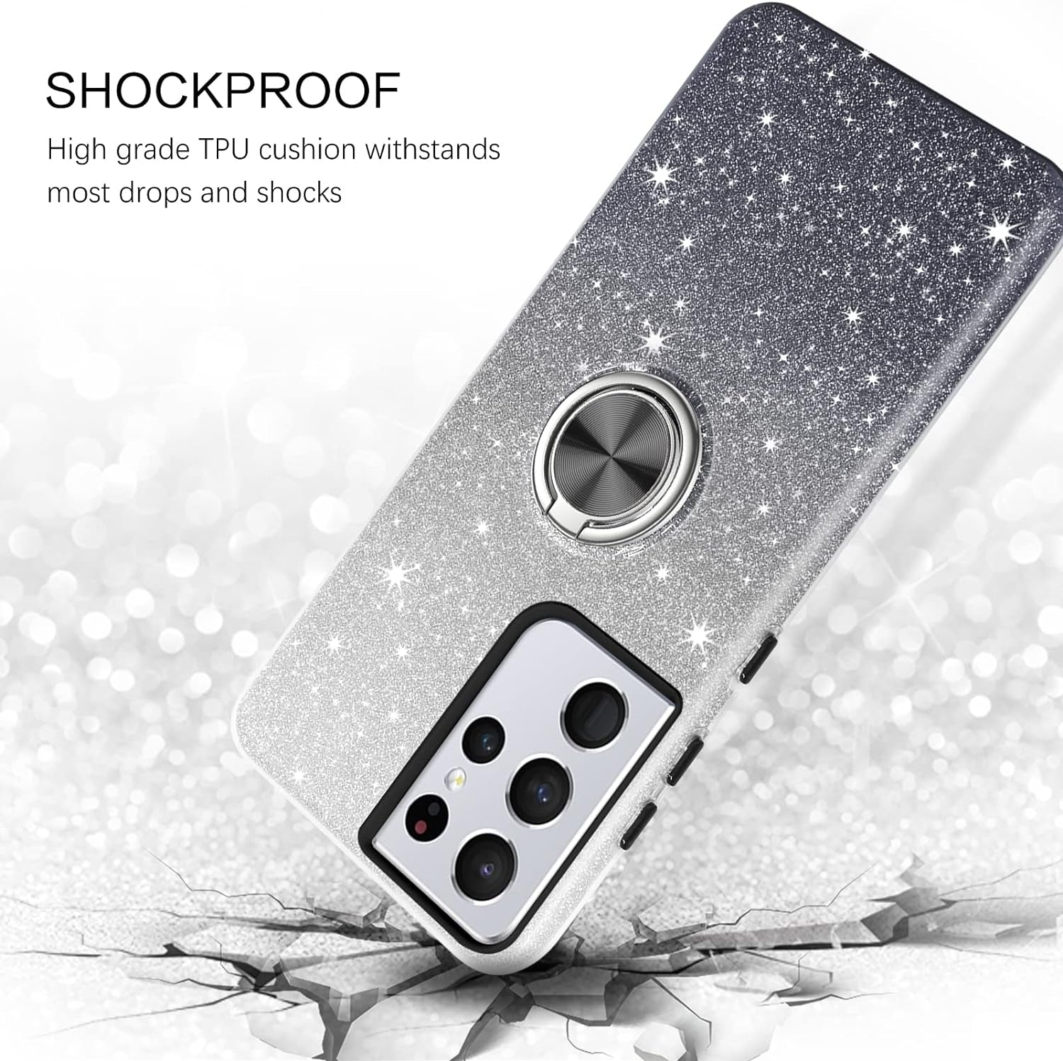 BENTOBEN Compatible with Samsung Galaxy S21 Ultra Case, Slim Fit Glitter Sparkly 360° Ring Holder Kickstand Magnetic Protective Girls Women Cover for Samsung Galaxy S21 Ultra 6.8“, Black  BENTOBEN   