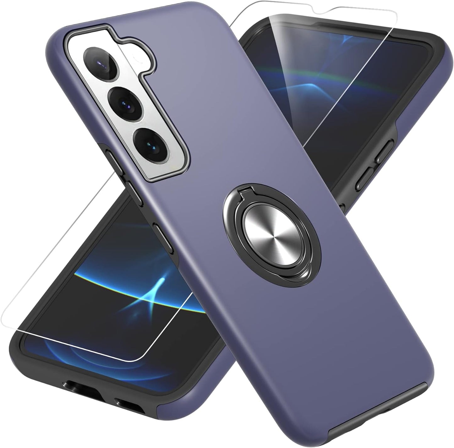 Compatible with Samsung Galaxy S22 plus Case, S22 plus Case with HD Screen Protector with Slide Camera Cover, 360°Rotation Ring Kickstand [Military Grade] Case for Galaxy S22+/S22 plus （Blue  Gritup   