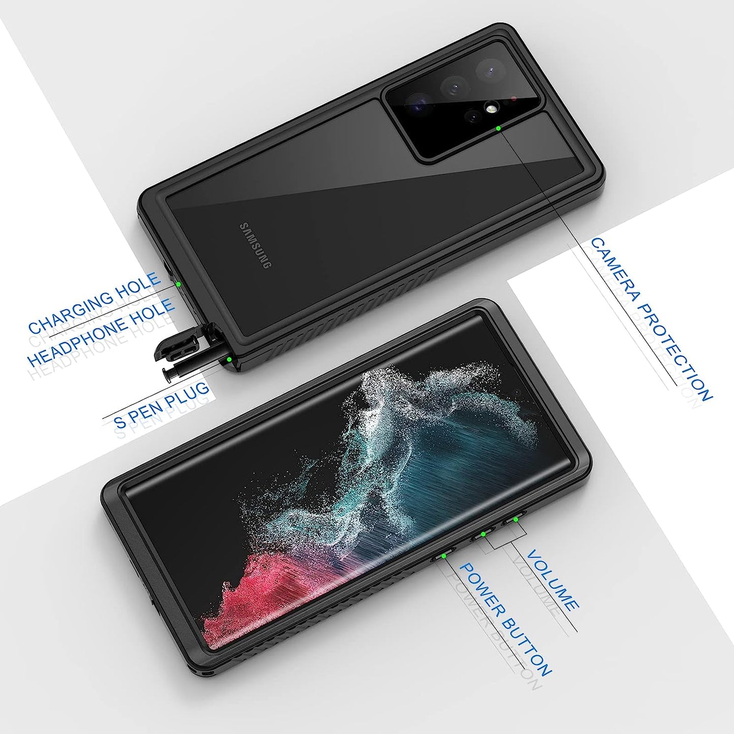 Lanhiem Samsung Galaxy S22 Ultra Case, IP68 Waterproof Dustproof, Built-In Screen Protector, Rugged Full Body Shockproof Protective Cover for Galaxy S22 Ultra 5G 6.8 Inch, Black/Clear  Lanhiem   