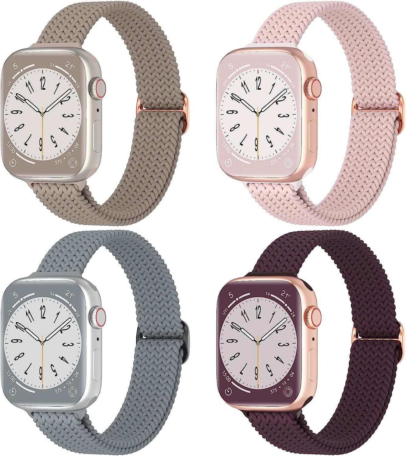 DYKEISS 4 Pack Slim Braided Solo Loop Bands Compatible for Apple Watch Band 38Mm 42Mm 40Mm 44Mm 41Mm 45Mm 49Mm, Stretch Nylon Elastic Thin Strap for Iwatch Ultra Series 8/7/SE/6/5/4/3/2/1 Women & Men  DYKEISS Stone/Sand Pink/Blue Grey/Dark Cherry 42/44/45/49mm 