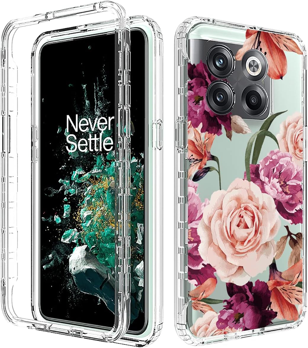 Ueokeird Case for Oneplus 10T 5G/Oneplus Ace Pro Case, CPH2415 Case with Tempered-Glass Screen Protector, Clear Floral Pattern Full Body Protective Phone Cover Cases for Oneplus 10T 5G (Purple Flower)  Ueokeird   