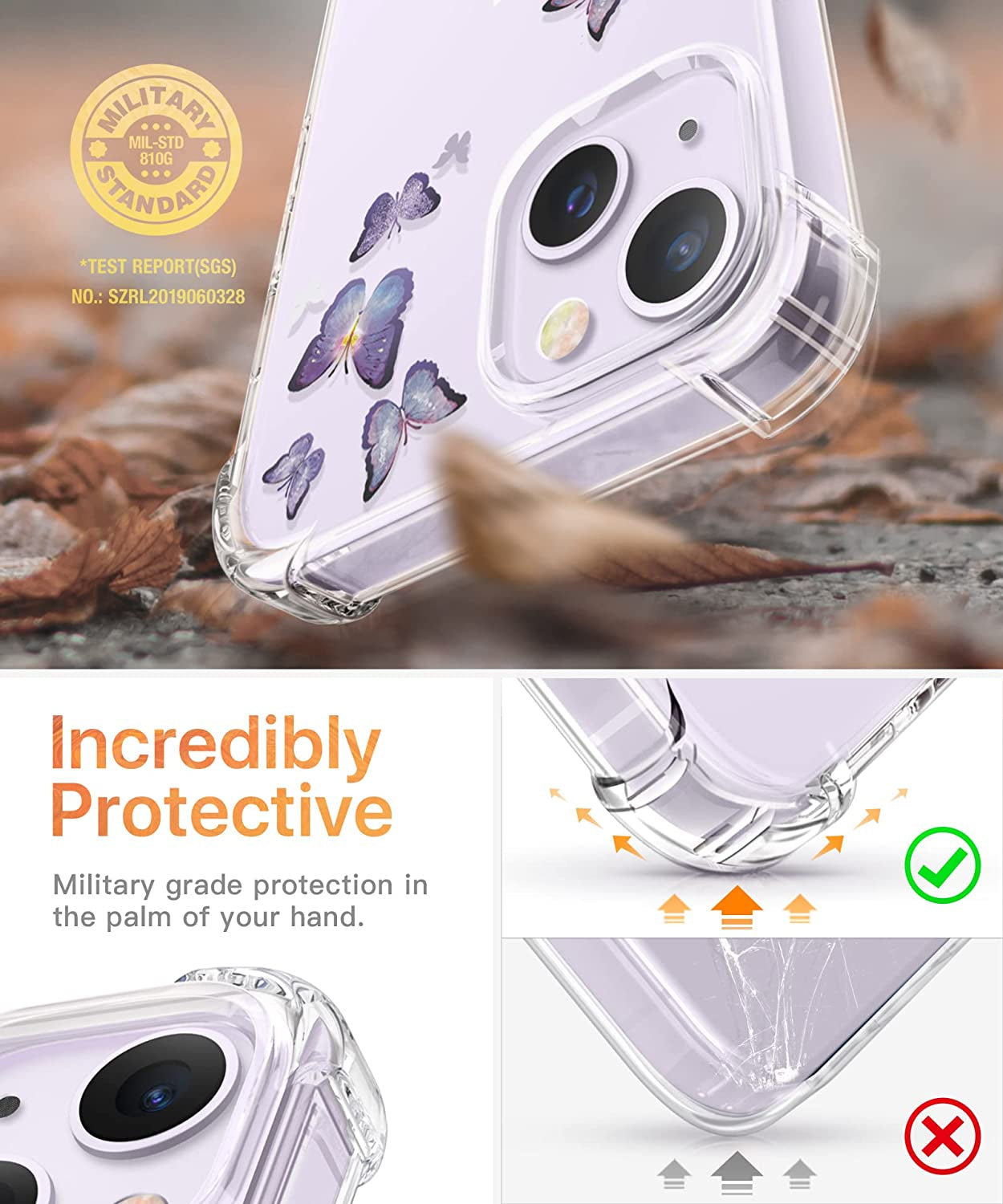 GVIEWIN Compatible with Iphone 14 Case with Screen Protector+Camera Lens Protector, Soft Shockproof Clear Floral Phone Protective Cover for Women, Flower Pattern Design 6.1"(Alluring Butterfly/Purple)  GVIEWIN   