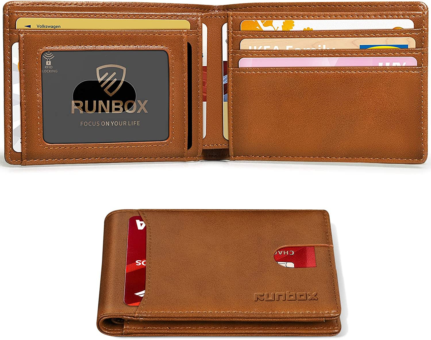 RUNBOX Bifold Slim Wallet for Men - Rfid Blocking Leather Front Pocket Men'S Wallet with Gift Box  RUNBOX oil brown  