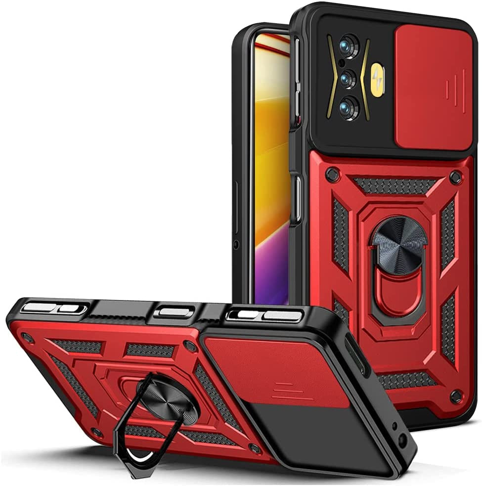 Ysnzaq Military Grade Heavy Duty Shockproof Phone Case for Xiaomi Redmi K50 Gaming/Poco F4 GT, Sliding Window Lens Protection with Magnetic Car Bracket Phone Cover for Xiaomi Poco F4 GT SJ Gold  Ysnzaq Red  
