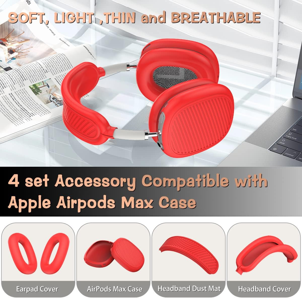 Woocon 4 Set Soft Silicone Case for Airpods Max Headhones, New Sweat Proof Earpad Cover/Ear Cover/Headband Cover/Headband Cushion Protector Accessories Design Unisex for Apple Airpods Max - Red  Woocon   