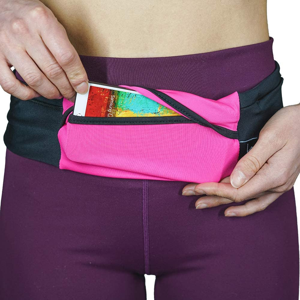 3 Pocket Adjustable Running Belt Waist Pack, Fanny Pack for Working Out with Sweat Resistant Backing, Holds All Iphone Models  Sprigs Pink/Black Small/Medium 