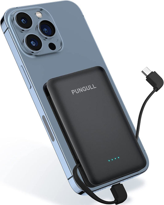 Slim Portable Charger 5000Mah - Compact Mini Small Power Bank Built-In Cable Cute Mobile Cell Phone External Battery Pack 5V 2.1A USB-C Compatible with Iphones 6/7/8/X/XS/XR/11/12/13/14 Airpods  Shenzhen Utopia-Originality Technology Co., Ltd   