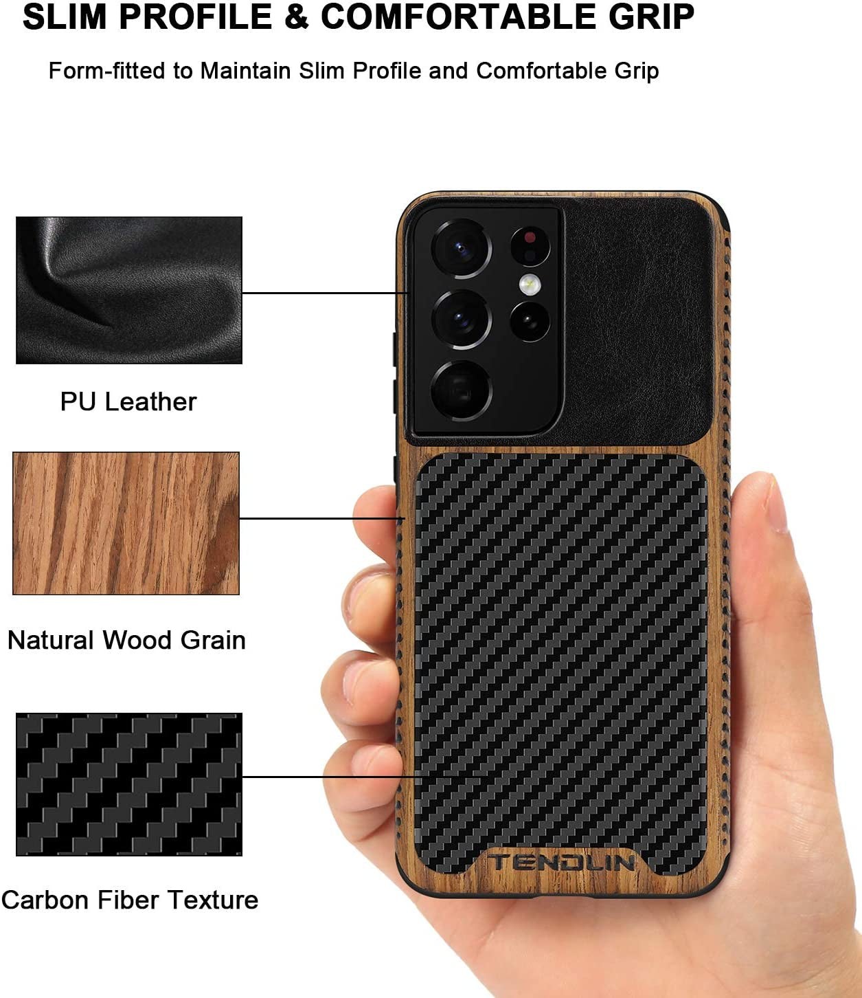 TENDLIN Compatible with Samsung Galaxy S21 Ultra Case Wood Grain with Carbon Fiber Texture Design Leather Hybrid Case (Black)  TENDLIN   