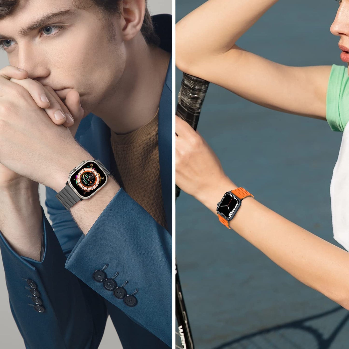 Tasikar Compatible with Apple Watch Band 49Mm 45Mm 44Mm 42Mm Silicone Magnetic Loop Bands [Double Sided Wearable] Designed for Apple Watch Ultra Series 8 7 (45Mm) SE 6 5 4 (44Mm) 3 2 1 (42Mm), Grey Orange  Tasikar   