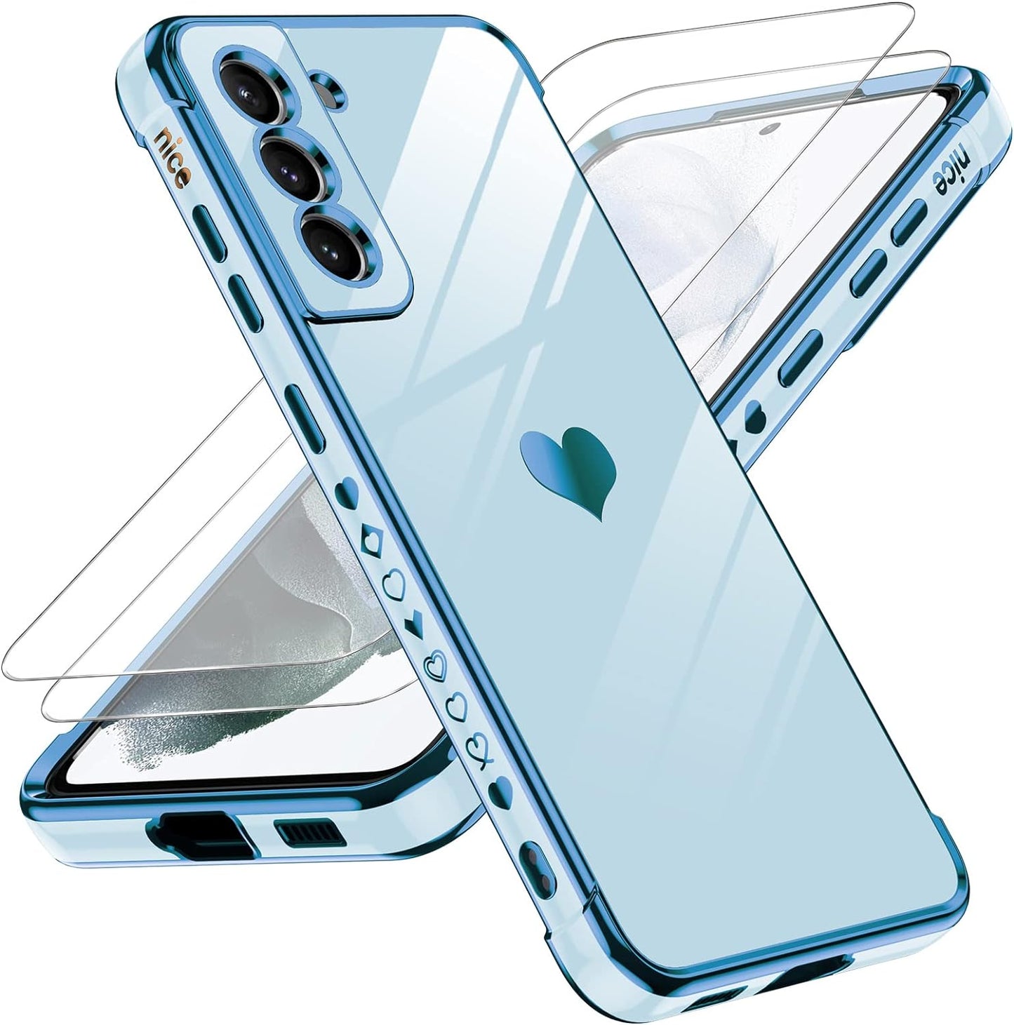 Leyi for Galaxy- S21 FE 5G- Case: Screen Protector [2 Pcs]+ Full Camera Protection, Love Heart Plating Girly Women Cute Luxury Soft TPU Case for Samsung Galaxy S21 FE, Black  LeYi Sierra Blue  