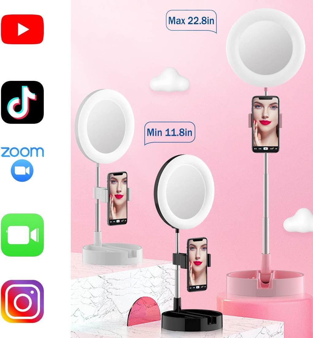 Portable Multi-Functional 6.3" Dimmable LED Selfie Continuous Video Halo Ring Light Zoom Live Stream Phone Holder Stand with Makeup Vanity Mirror Foldable Online Meeting Table Lamp (Pink)  Regal Signature   