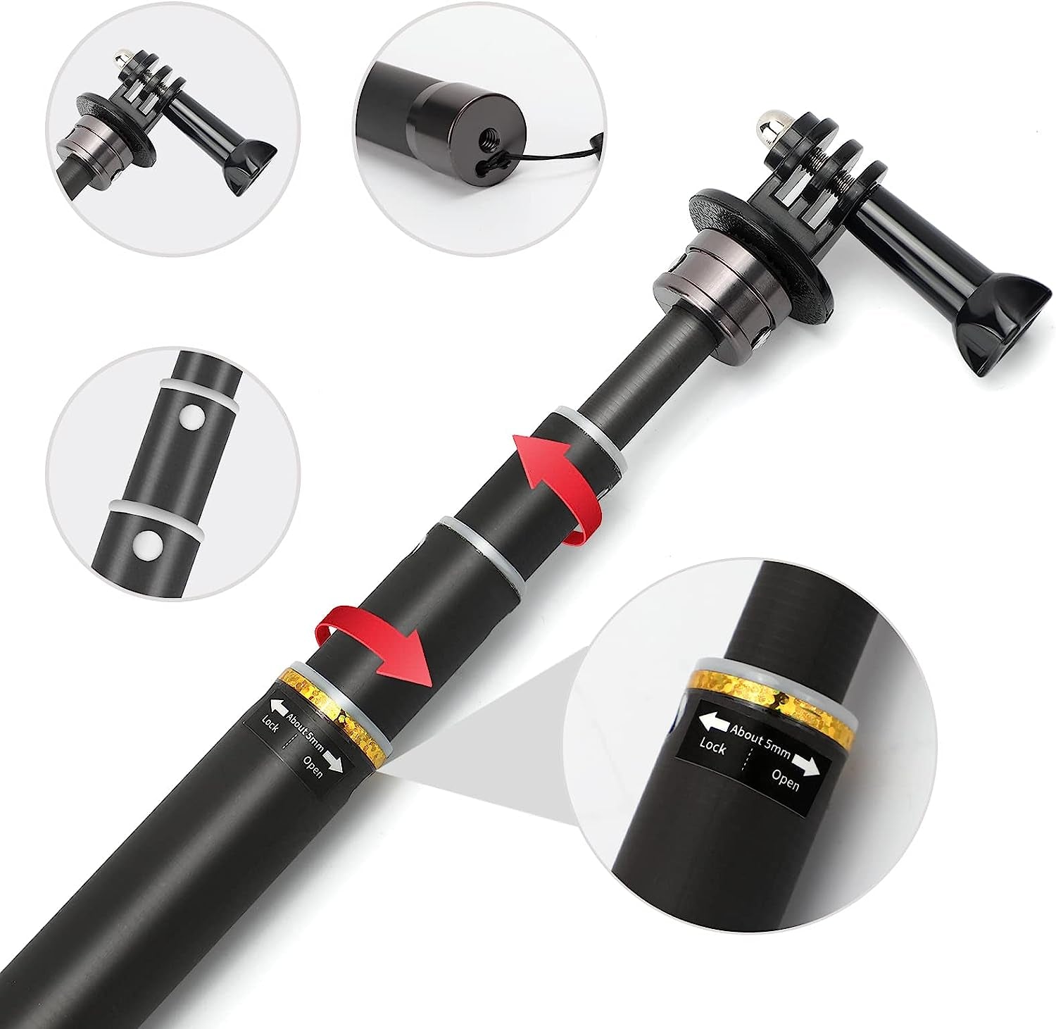 KOMCLUB Monopod Selfie Sticks for Action Camera 113.7” Extendable Carbon Fiber Super Long Selfie Sticks Compatible 5-Section Adjustable Selfie Poles with Wrist Strap for Sports Camping Traveling  KOMCLUB   