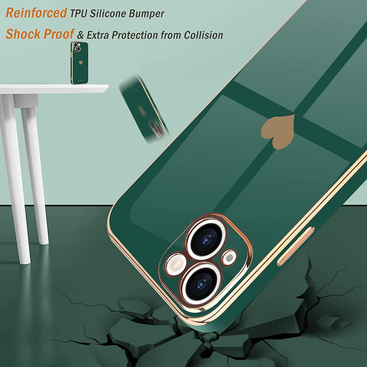 Teageo for Iphone 14 Case for Women Girl Cute Love Heart Luxury Plating Soft Bling Back Cover Raised Full Camera Protection Bumper Silicone Shockproof Phone Case for Iphone 14, Blackish Green  janzee   