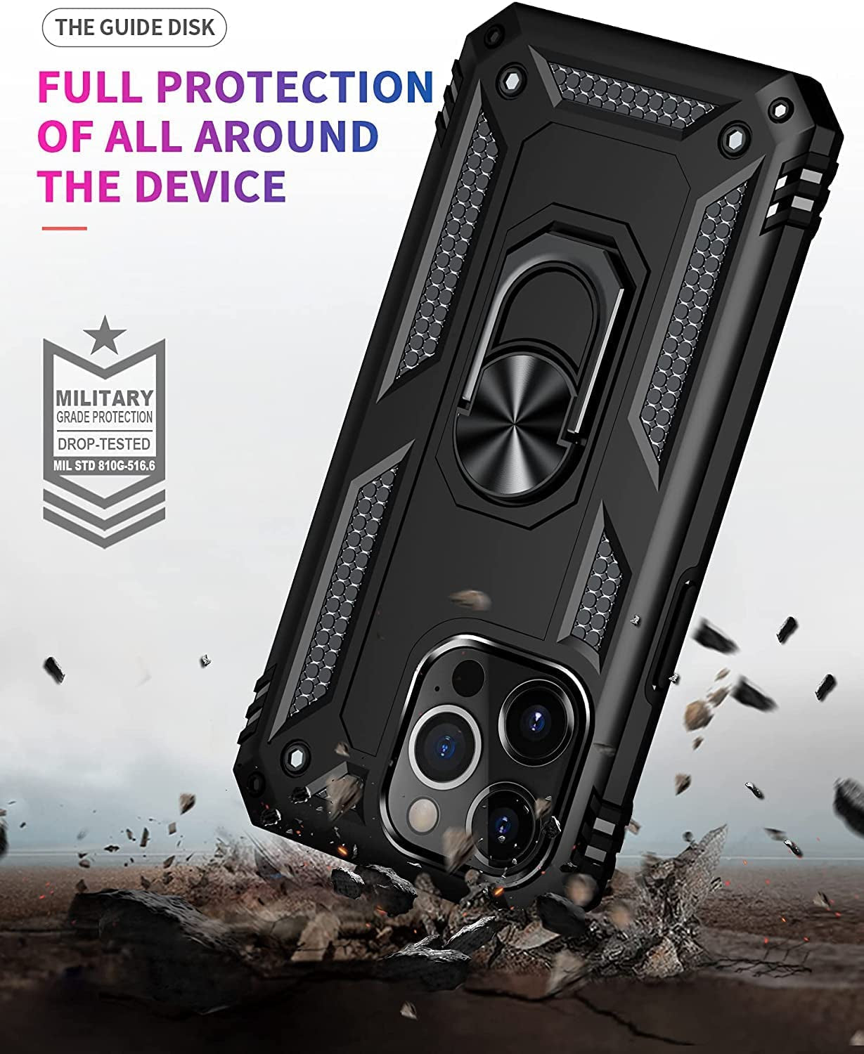 Iphone 12 Pro Max Phone Case, with [Tempered Glass Screen Protector Included] STARSHOP Military Grade Dual Layers Shockproof Drop Protective with Built-In 360° Rotate Metal Ring Kickstand - Black  STARSHOP   