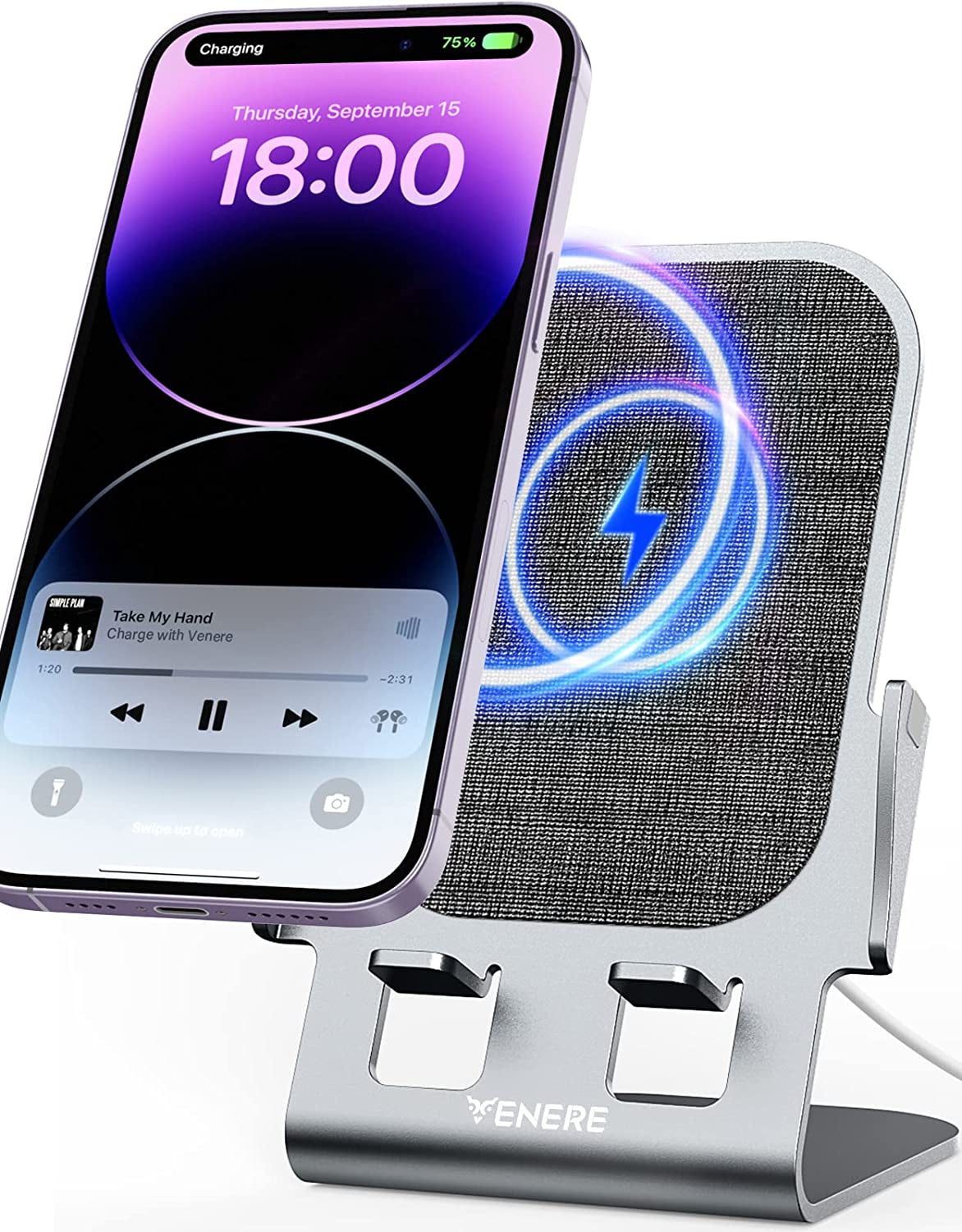 Wireless Charger, 15W Fast Wireless Charging, Ultra-Thin Aluminum Alloy Cell Phone Stand, Compatible with Iphone 14/13/12/11/X/8 Series, Samsung, Motorola, Huawei, Oneplus, Pixel, Qi Certified Device  Venere   