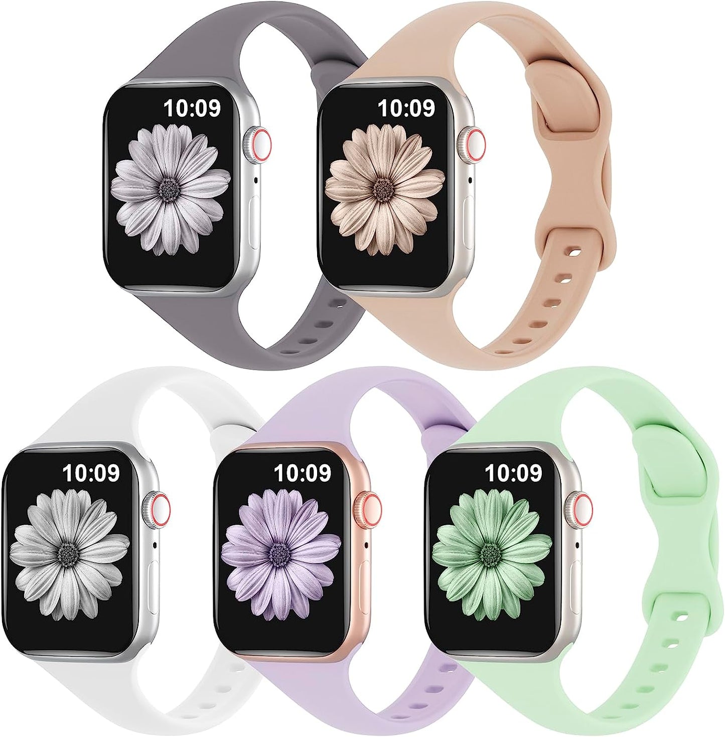TSAAGAN 5 Pack Silicone Slim Bands Compatible with Apple Watch Band 38Mm 42Mm 40Mm 44Mm 41Mm 45Mm 49Mm, Soft Narrow Sport Strap Thin Wristband for Iwatch Ultra Series 8/7/SE/6/5/4/3/2/1 Women Men  TSAAGAN Coastal Grey/Milk Tea/White/Lavender/Pistachio 38/40/41mm 