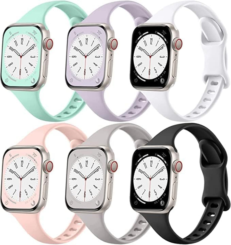 Lerobo 6 Pack Slim Bands Compatible with Apple Watch Band 40Mm 38Mm 44Mm 42Mm 41Mm 45Mm for Women Men, Soft Silicone Waterproof Sport Strap Replacement Wristbands for Iwatch Series 7 6 5 4 3 2 1 SE  Hina-US Black/ Sand Pink/ Light Gray/ Lavender/ Mint Green/ White 42mm/44mm/45mm/49mm 