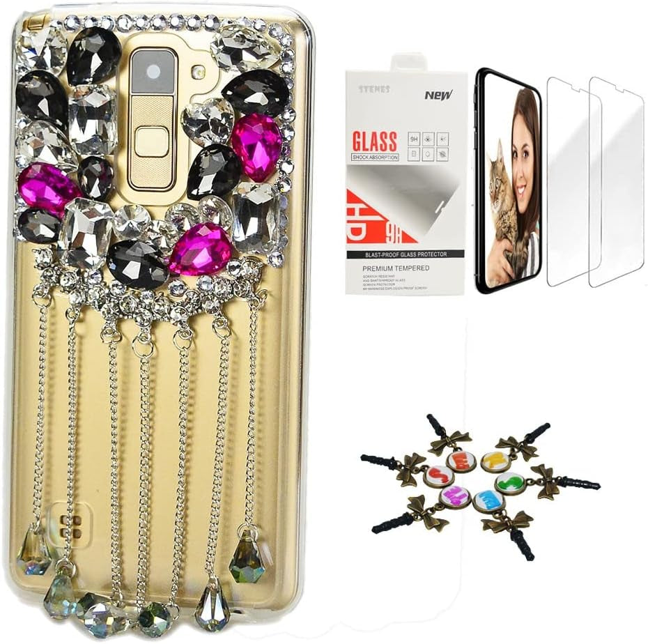 STENES Bling Case Compatible with LG V40 Thinq - Stylish - 3D Handmade [Sparkle Series] Luxury Peacock Flowers Design Cover with Screen Protector [2 Pack] - Red  STENES Rhinestone Crystal Pendant Design For Lg K10 2017 / Lg K20 