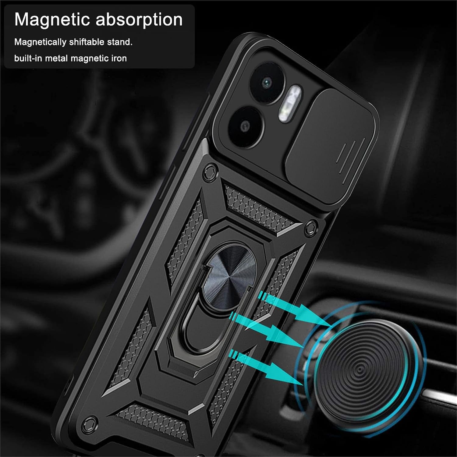 Ysnzaq Case for Xiaomi Redmi A1 Plus/Redmi A2 Plus, Heavy Duty Shockproof Lens Protective Phone Cover with Magnetic Stand for Xiaomi Redmi A2 Plus/Redmi A1 plus SJ Black  Ysnzaq   