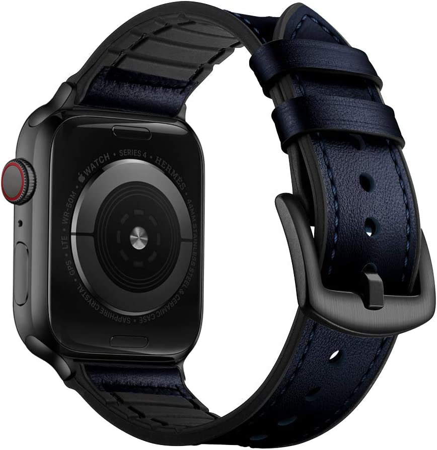 OUHENG Compatible with Apple Watch Band 49Mm 45Mm 44Mm 42Mm, Sweatproof Genuine Leather and Rubber Hybrid Band Strap for Iwatch Ultra Series 8 7 6 5 4 3 2 1 SE2 SE, Brown Band with Black Adapter  OUHENG Dark Blue/Black 41mm/40mm/38mm 