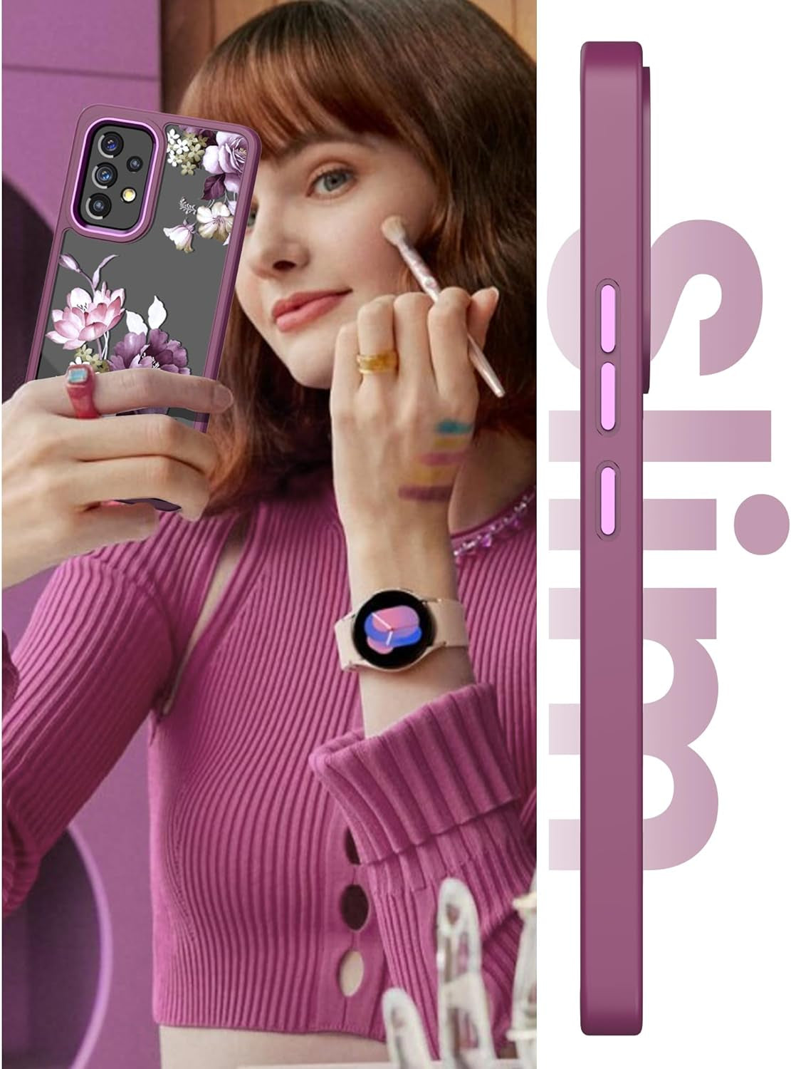 Dretal for Samsung A53 5G Case, Galaxy A53 5G Case + Tempered Glass Screen Protector,Military Grade Drop Tested Hard Back & Soft Edge Slim Flower Women Girls Protective Cover for A53 5G (Purple)  Dretal   