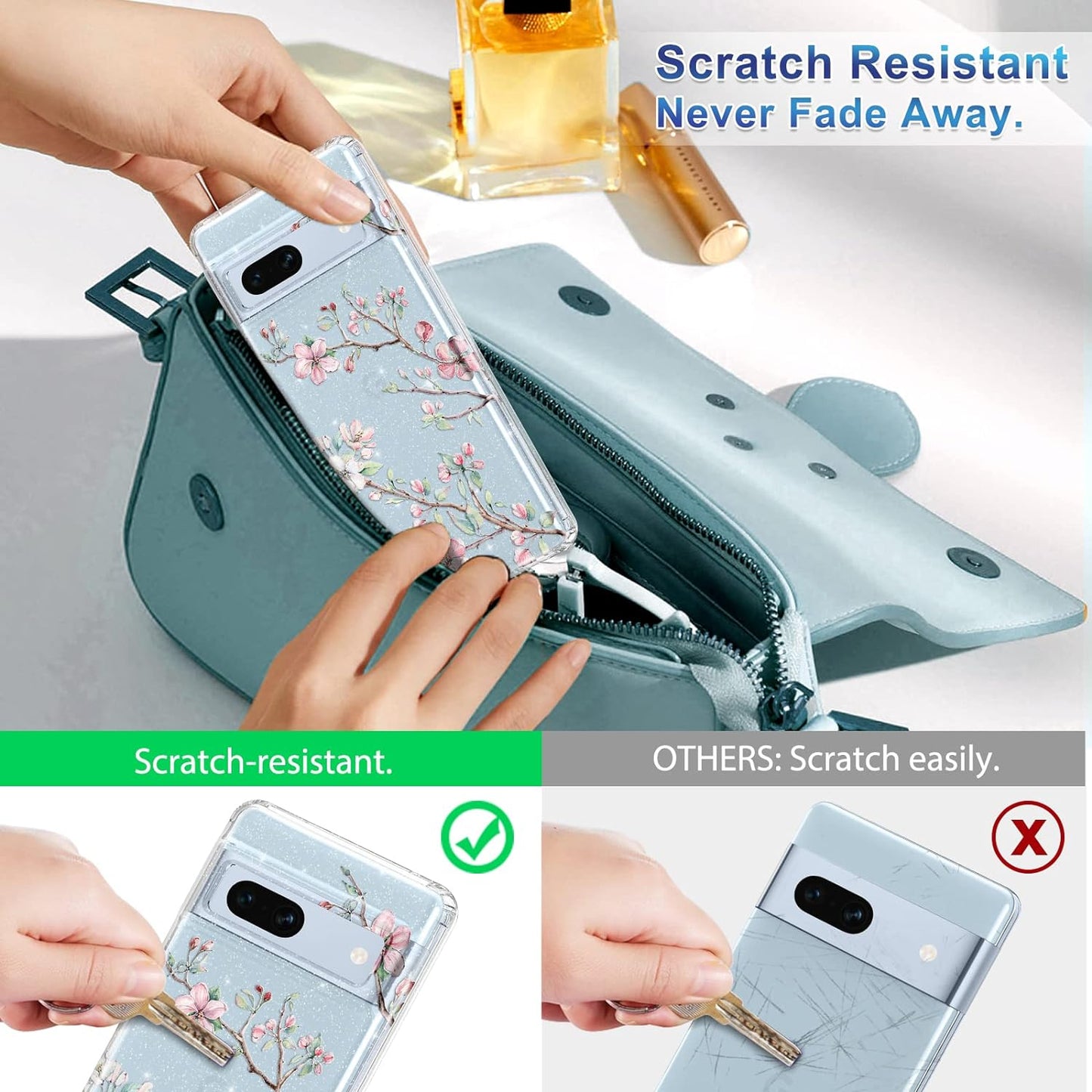 Lamcase Compatible with Google Pixel 7A Case, with 2 Screen Protector + 2 Camera Lens Protector Crystal Bling Sparkly Shiny Soft Flexible TPU Slim Drop Protection for Women Girls, Apricot Flower  Lamcase   