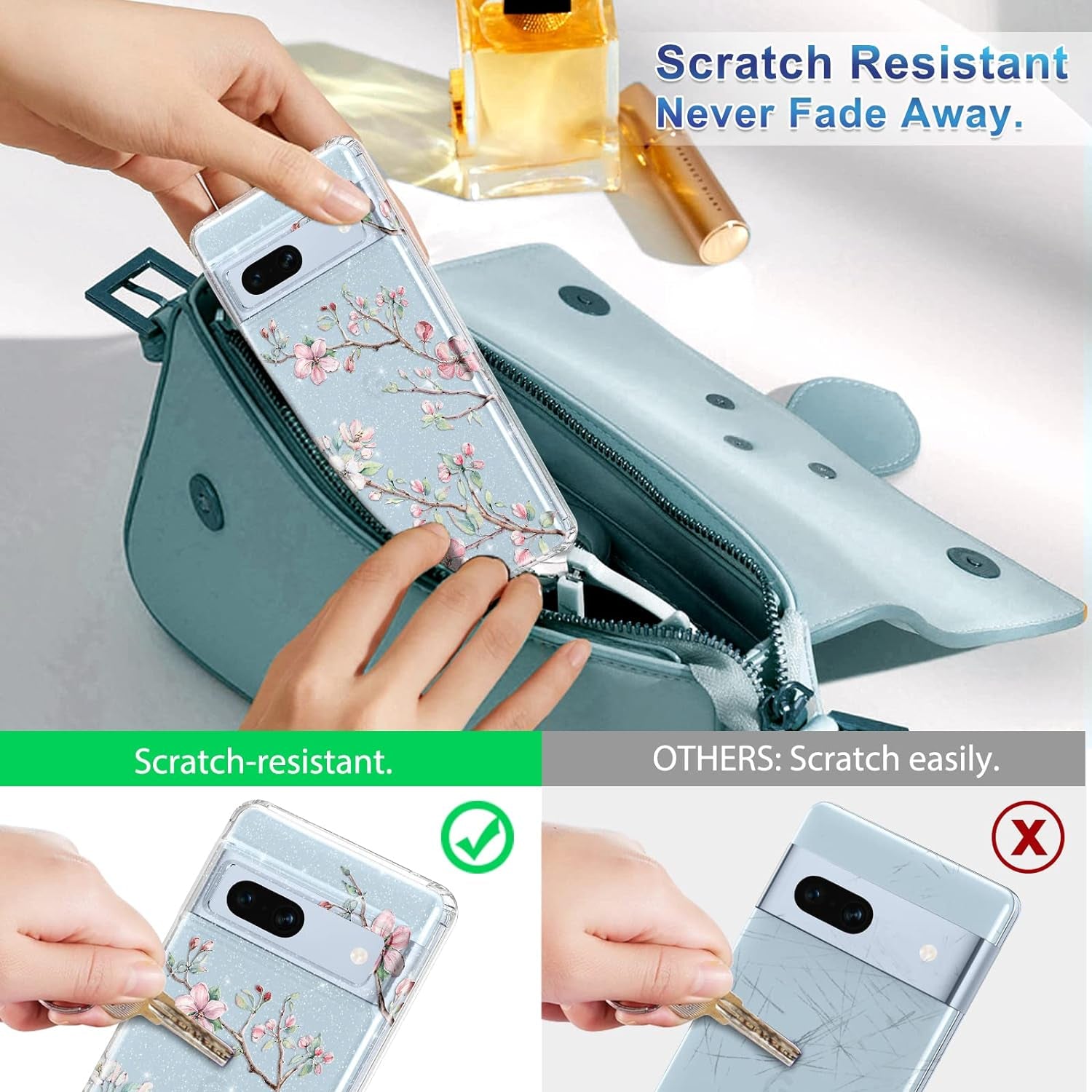 Lamcase Compatible with Google Pixel 7A Case, with 2 Screen Protector + 2 Camera Lens Protector Crystal Bling Sparkly Shiny Soft Flexible TPU Slim Drop Protection for Women Girls, Apricot Flower  Lamcase   