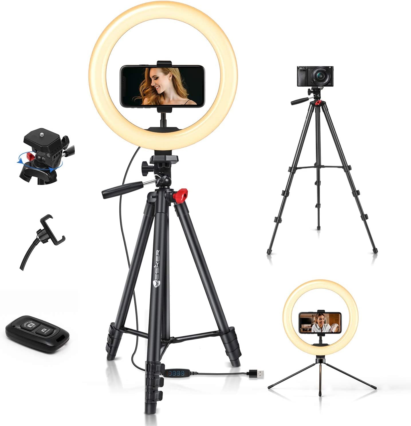 Yesker 10'' Ring Light with 51” Tripod Flexible Stand LED Selfie Ringlight 10 Brightness with Camera Remote Shutter Phone Holder for Tiktok Youtube Video Live Stream Makeup…  yesker   