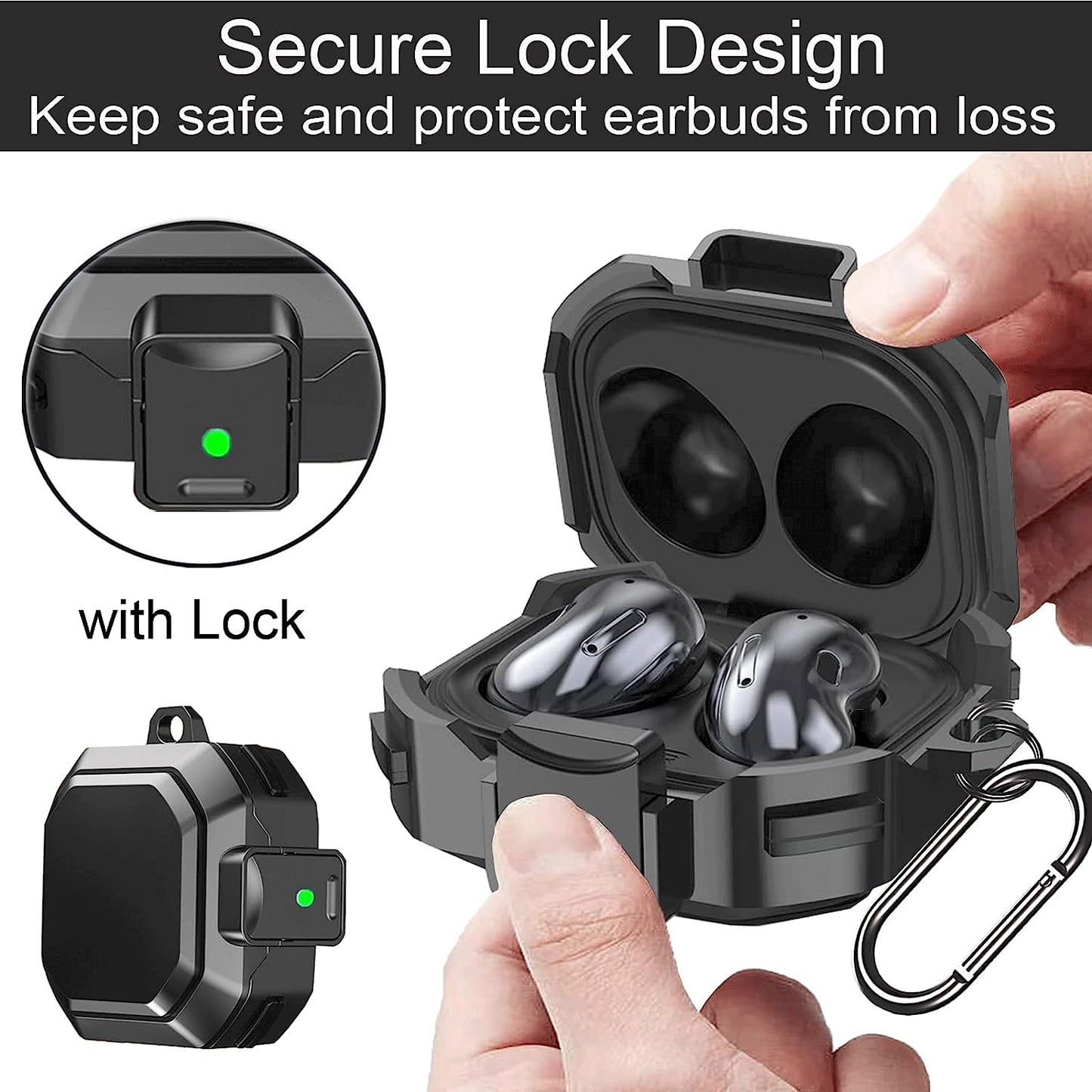 Locking Case Compatible with Samsung Galaxy Buds 2 / Galaxy Buds Pro 2/ Galaxy Buds Pro/Galaxy Buds Live, Galaxy Buds Case with Lock, Keychain and Strap/Lanyard, Galaxy Buds2 Case Cover (Black)  ULITIQ   