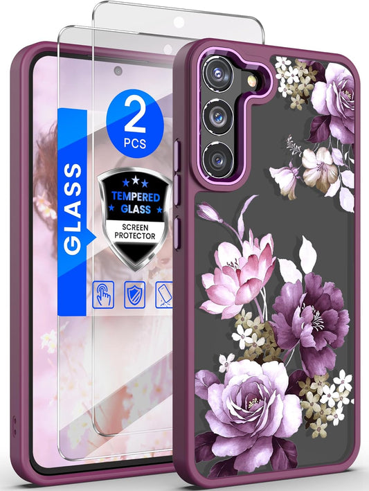 Dretal for Samsung Galaxy S22 plus 5G Case Floral, Galaxy S22+ Case, Military Grade Drop Tested Hard Back & Soft Edge Slim Flower Women Girls Protective Cover +Tempered Glass Screen Protector (Purple)  Dretal   