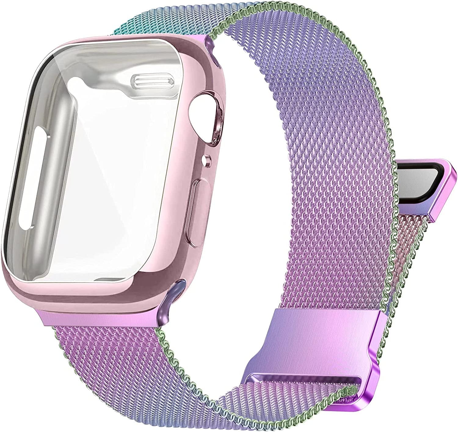 Zsuoop Metal Stainless Steel Band Compatible with Apple Watch Bands 38Mm 40Mm 41Mm 42Mm 44Mm 45Mm with Screen Protector Case,Magnetic Adjustable Strap for Iwatch Series 8/7/6/5/4/SE/3/2/1 Women Men  Zsuoop Colorful 42 mm 