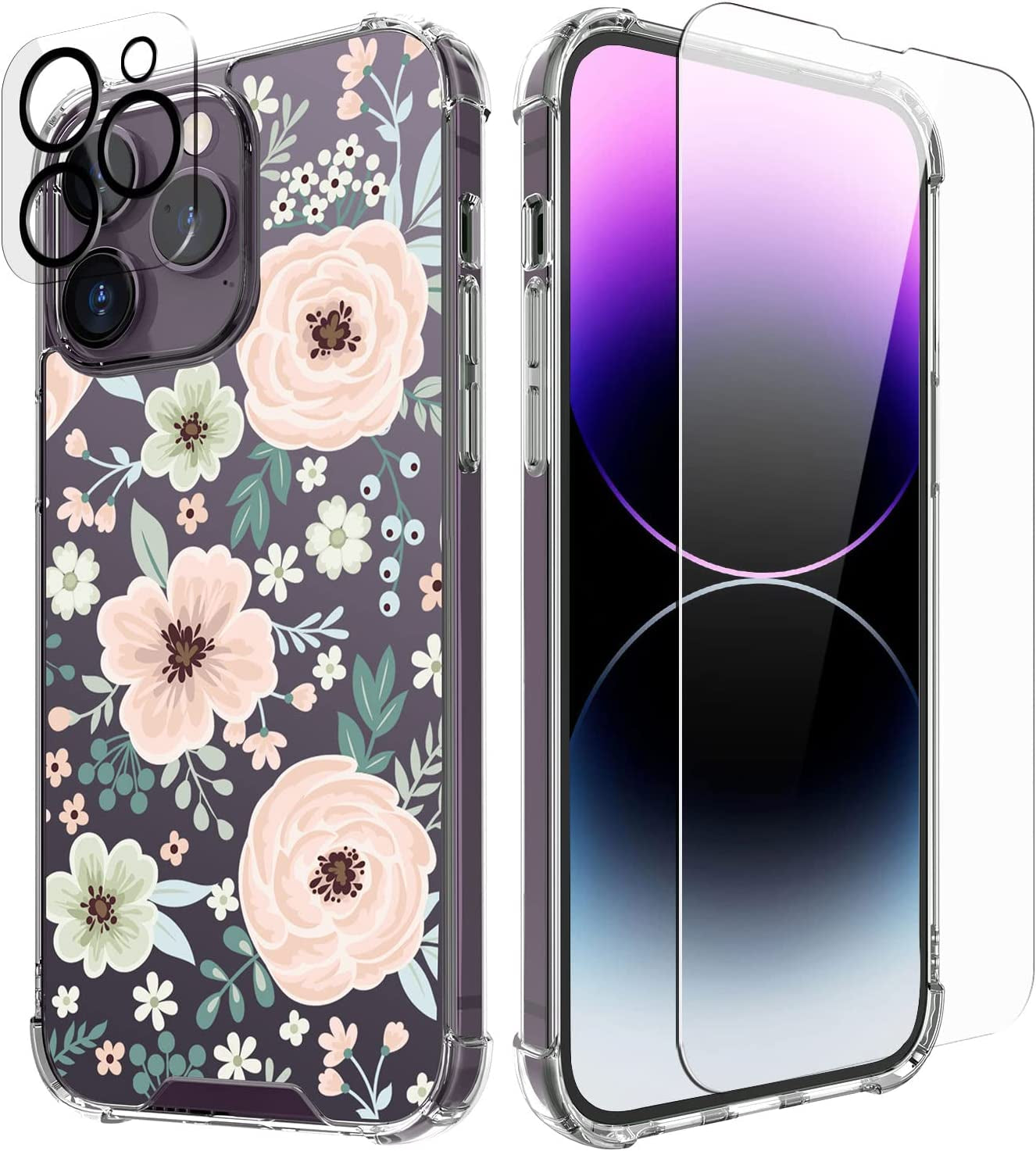Cutebe [3 in 1 Crystal Phone Case for Iphone 13(2021)/Iphone 14(2022) 6.1", Cute Protective Cover with 9H Temper Glass Screen Protector + HD Temper Camera Lens Protector for Women, Girls  Cutebe iPhone 14 Pro-Pink Floral iPhone 14 Pro Case 6.1 Inch 