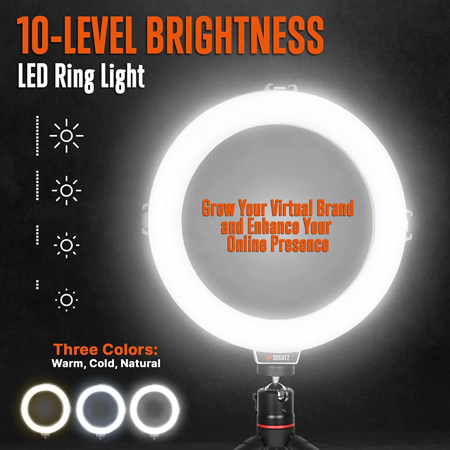 SQUATZ 11’’ LED 12W Selfie Ring Light R11 with Wired Control, Tripod Stand with 5 Sections, Phone Holder, Adjustable Brightness Levels for Influencers, Youtube, Trainers, and Streaming.  Sound Around   