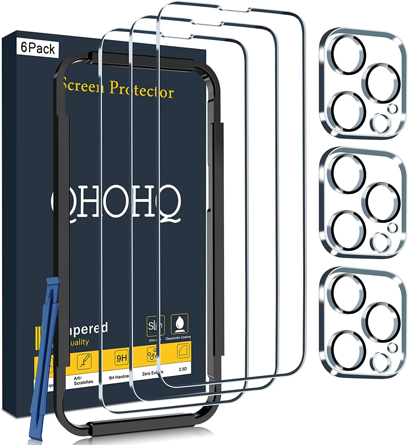 QHOHQ 3 Pack Screen Protector for Iphone 14 / Iphone 13 [6.1 Inch] with 3 Pack Tempered Glass Camera Lens Protector, Ultra HD, 9H Hardness,Case Friendly  QHOHQ   