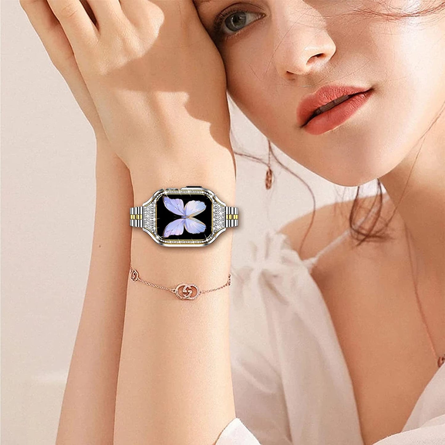 Miohhr Metal Case with Band Compatible with Apple Watch Band Series 8 7(41Mm),Series 6/5/4 (40Mm),Series 3/2/1 (38Mm),Slim Stainless Steel Strap with Bling Diamond Protective Bumper Cover for Iwatch Bands Women  MioHHR   