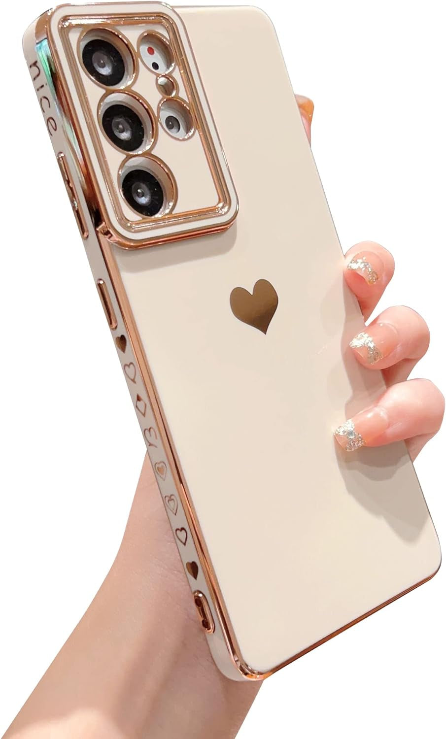 VANIPUFF Samsung Galaxy S21 Ultra 5G 6.8" Phone Case with Luxury Electroplate Cute Side Love Heart Cover Full Camera Protection Soft Silicone Anti-Fingerprint Shockproof Cover Bumper (Pink)  VANIPUFF\1 Beige  