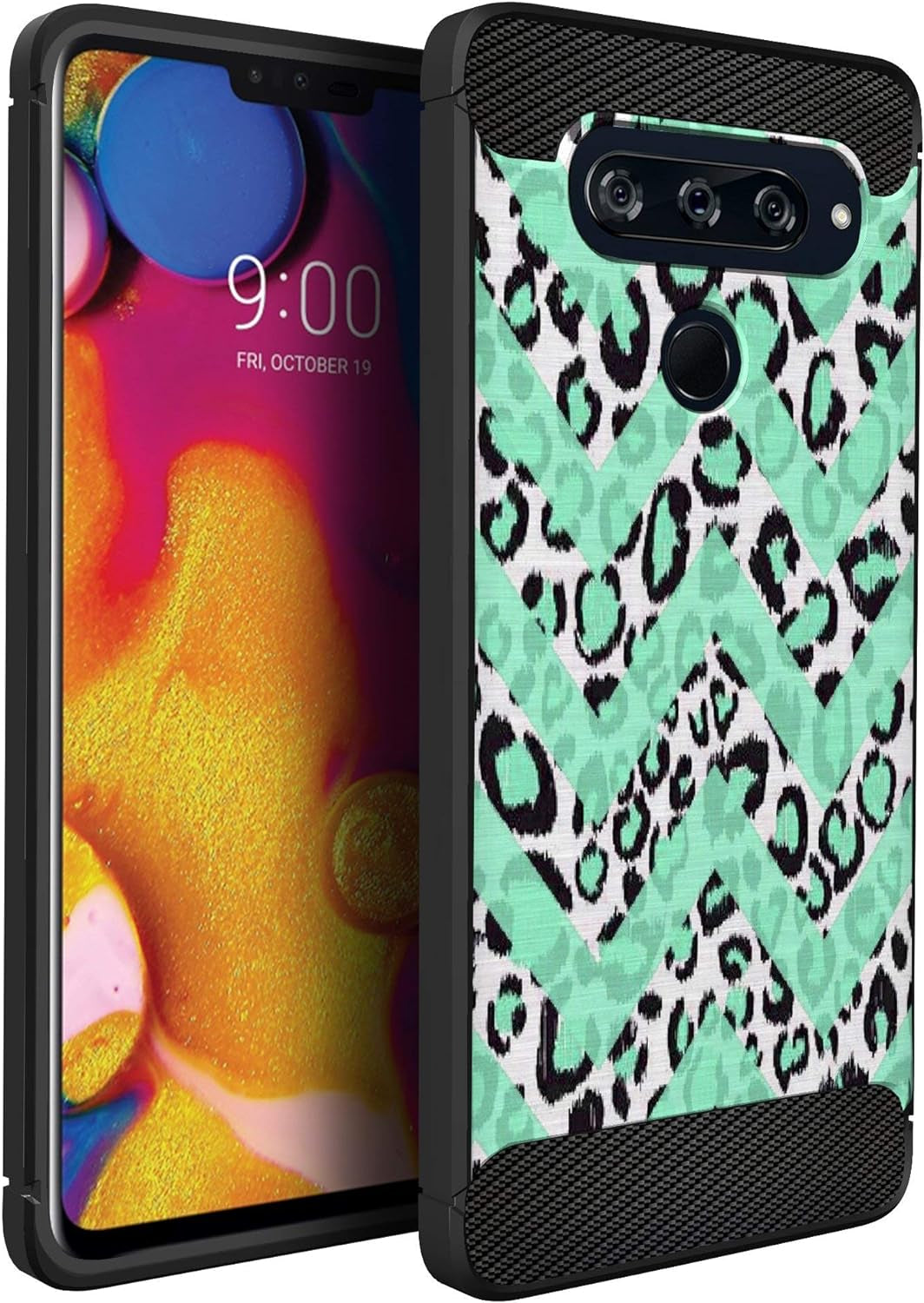 Casesondeck Fitted Case Compatible with [LG V40 Thinq] Carbon Fiber Accents Bump and Drop Protecting Flexible TPU (Blue Digital Camo)  CasesonDeck Blue Leopard Chevron  
